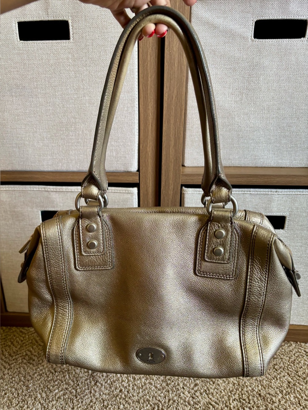 Vintage Y2K Style Fossil Metallic Gold Pebbled Soft Leather Satchel Shoulder Bag
